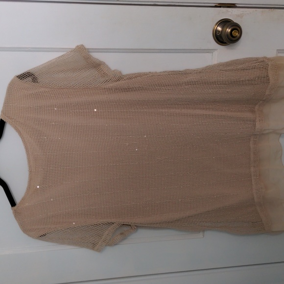 JM Collection XL Tan Lined Top with Netting Overlay, Silver Keyhole, and Sequins - Picture 5 of 6